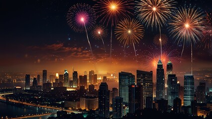 Fototapeta premium Vibrant Cityscape Fireworks Celebration at Night