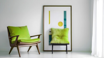 Modern seating area with green cushions and abstract framed artwork