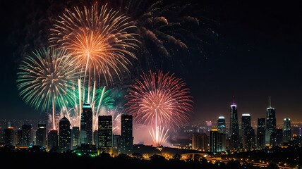 Naklejka premium Vibrant Fireworks Display Over Cityscape at Night