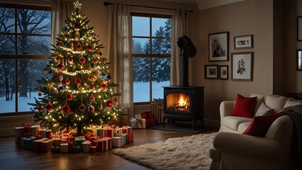 Cozy Christmas Living Room with Decorated Tree
