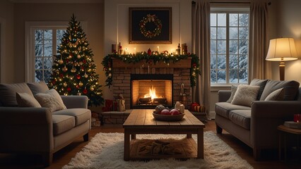 Fototapeta premium Cozy Christmas Living Room with Tree and Fireplace
