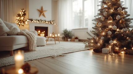 christmas, season, holiday, living room, snow, forest, christmas decoration, christmas tree, fir tree, decoration, ornament, stylish, modern, cool, luxury, night view, sunset, candle, fireplace, inter