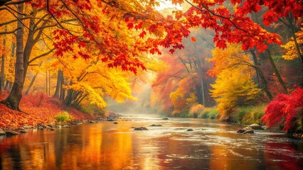 Fototapeta premium A Serene River Meandering Through a Canopy of Autumnal Hues, Reflecting the Vibrant Colors of Nature's Palette
