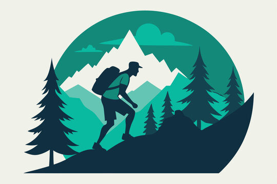 hiker climbing mountain, teal and navy silhouette clip art preview