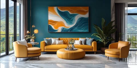 modern luxurious living room, teal blue walls, large abstract artwork with orange and blue swirls, mustard yellow leather sofa, matching armchair, round ottoman, potted palm plant, floor-to-ceiling wi