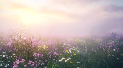 Obraz premium Peaceful Meadow at Dawn Filled with Wildflowers and Soft Pastel Colored Morning Light