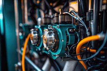 Fototapeta premium A close-up of an engine with teal and silver accents, showcasing its high-tech design