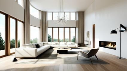 Minimalist luxurious living room, spacious interior, floor-to-ceiling windows, natural light, white walls, wooden flooring, modern white sectional sofa, abstract chandelier, contemporary fireplace, ne