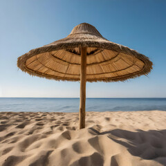  straw beach umbrella standing tall on a sandy beach, gently swaying in the breeze with a clear blue sky in the background. Soft sunlight illuminates the natural fibers, enhancing the war