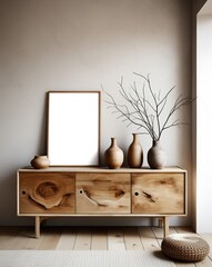 Minimalist interior design, wooden sideboard, blank framed poster, earthy tones, ceramic vases, dried branches, natural materials, Scandinavian style, light wood flooring, textured wall, neutral color