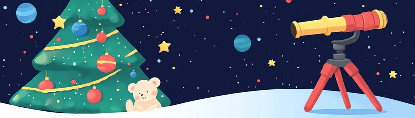 Fototapeta premium Cute baby animal under a Christmas tree, planets and moonlit sky in the background, telescope beside, flat design illustration