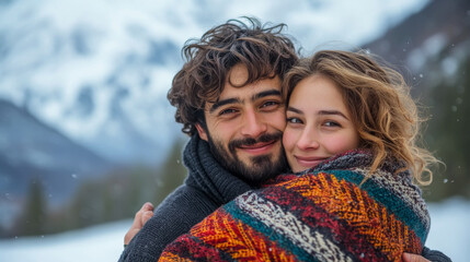 Happy couple embracing in front of snowy mountains enveloped in a colorful blanket