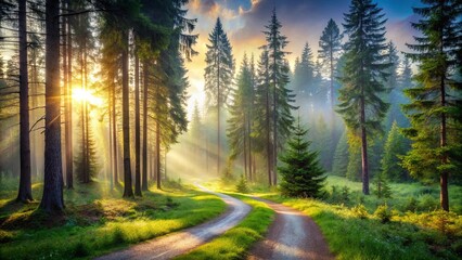 Obraz premium A sunlit path winds through a misty forest, dappled with golden rays of light, promising an adventure into the unknown.