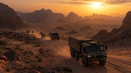 Rugged military trucks travel through a desert landscape at sunset, surrounded by mountains and a dusty road under a warm, glowing sky.