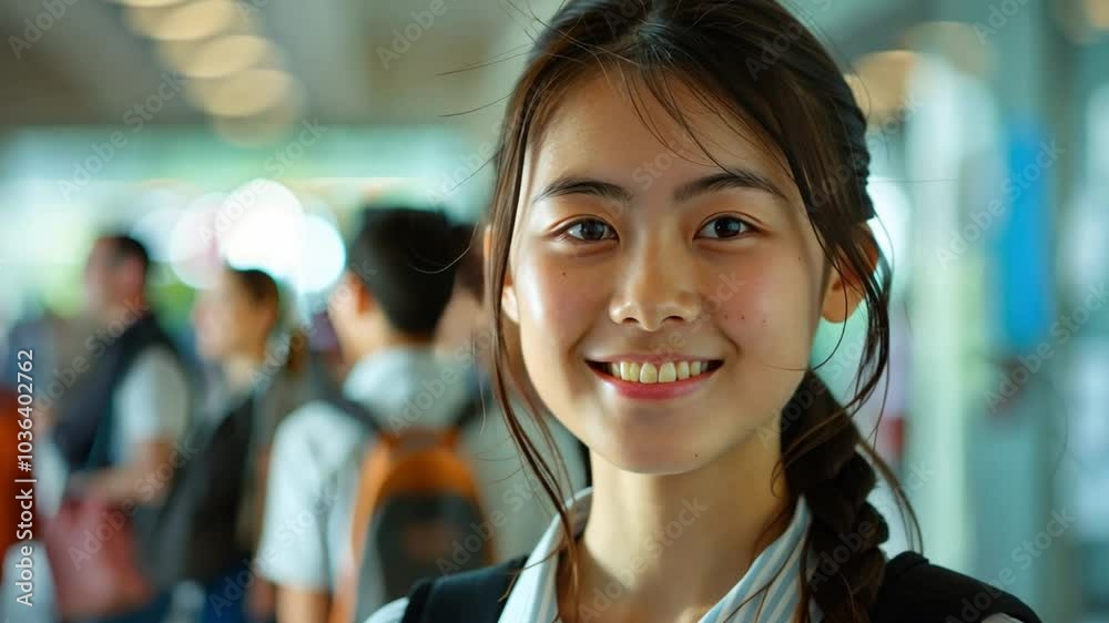 Aufkleber a joyful student stands out with a bright smile, engaging with peers in a lively atmosphere full of 