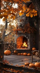 44. A cozy autumn scene with a fireplace crackling and pumpkins on the porch