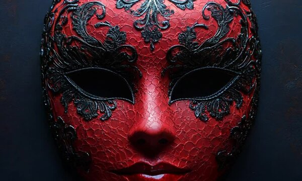 A decorative red mask adorned with intricate black designs.