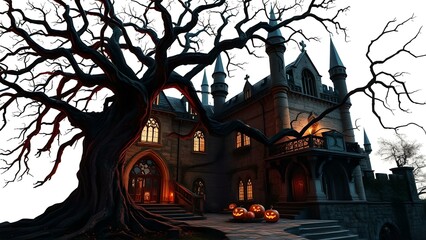 Fototapeta premium Scare full dead tree for Halloween' Day with scare orange pumpkin and scare castle.