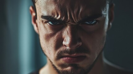 Fototapeta premium man's face filled with frustration, his brows furrowed and lips tightly pressed together