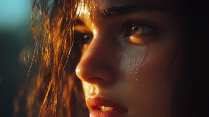  woman experiencing bittersweet emotion, her smile faint and eyes glistening with tears