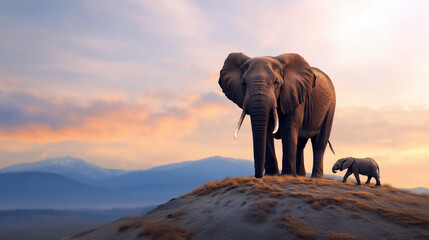 Obraz premium Mother Elephant and Calf Walking in the Savannah at Sunset, Concept of Wildlife and Nature Conservation
