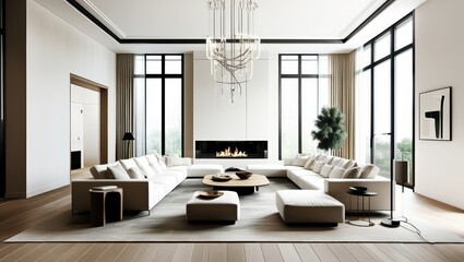 Minimalist luxurious living room, spacious interior, floor-to-ceiling windows, natural light, white walls, wooden flooring, modern white sectional sofa, abstract chandelier, contemporary fireplace, ne