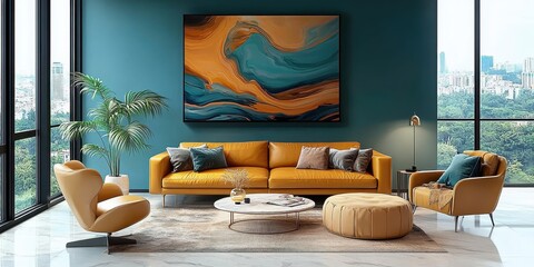 modern luxurious living room, teal blue walls, large abstract artwork with orange and blue swirls, mustard yellow leather sofa, matching armchair, round ottoman, potted palm plant, floor-to-ceiling wi