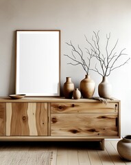Minimalist interior design, wooden sideboard, blank framed poster, earthy tones, ceramic vases, dried branches, natural materials, Scandinavian style, light wood flooring, textured wall, neutral color