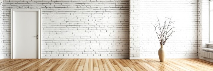 Fototapeta premium Minimalist interior, bright sunlit room, white brick walls, wooden floor, bare tree in vase, large blank canvas, empty space, modern design, clean aesthetics, natural light, shadows, simplicity, zen a