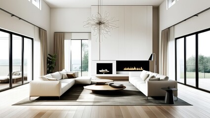 Minimalist luxurious living room, spacious interior, floor-to-ceiling windows, natural light, white walls, wooden flooring, modern white sectional sofa, abstract chandelier, contemporary fireplace, ne