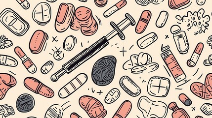 Seamless pattern of hand-drawn medical objects including pills, syringes, tablets, and capsules on a beige background. Ideal for medical themes.