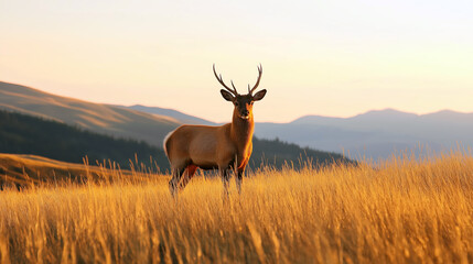 Fototapeta premium Majestic Deer Standing in Golden Field at Sunset with Mountain Background, Concept of Wildlife and Nature
