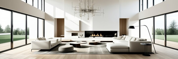 Fototapeta premium Minimalist luxurious living room, spacious interior, floor-to-ceiling windows, natural light, white walls, wooden flooring, modern white sectional sofa, abstract chandelier, contemporary fireplace, ne