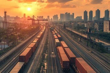 Sunset over a bustling cityscape with freight containers and railway tracks, showcasing urban infrastructure and transportation.