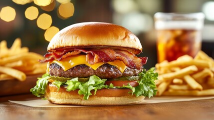 A gourmet chargrilled burger with melted cheddar, crispy bacon, and fresh lettuce