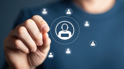 A hand selects a user icon from a network of icons, symbolizing digital interaction and user management in a modern, tech-focused environment.