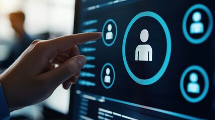 A hand hovers over a digital screen displaying user profiles, indicating interaction within a technology interface focused on user management.