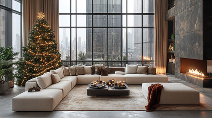 christmas, season, holiday, living room, snow, forest, christmas decoration, christmas tree, fir tree, decoration, ornament, stylish, modern, cool, luxury, night view, sunset, candle, fireplace