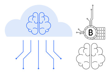 Cloud with brain diagram and connecting lines symbolizing cloud computing. Right side has a blockchain concept with a Bitcoin symbol connected by circuits and a standalone brain icon. Ideal for tech