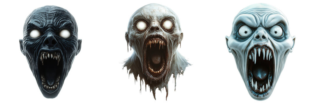 Creepy spectral face screaming with wide mouth and dead eyes isolated