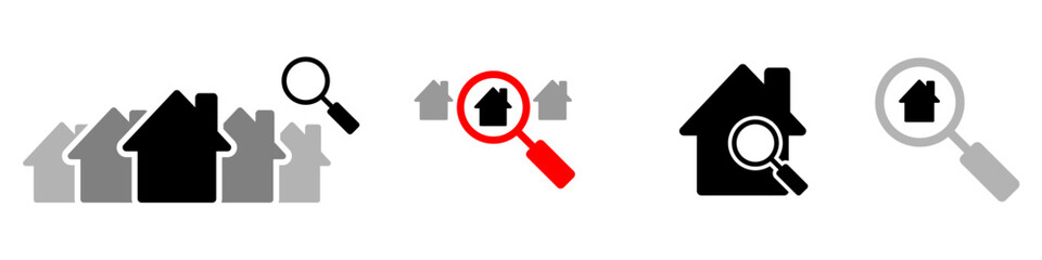 magnifying glass analyze or scan home, Search for houses, real estate inspection, place location suspect, buy purchase house vector pictogram sign icon symbol ui and ux