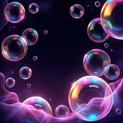 Rainbow soap bubbles of different sizes on a dark purple background. With space for text.
