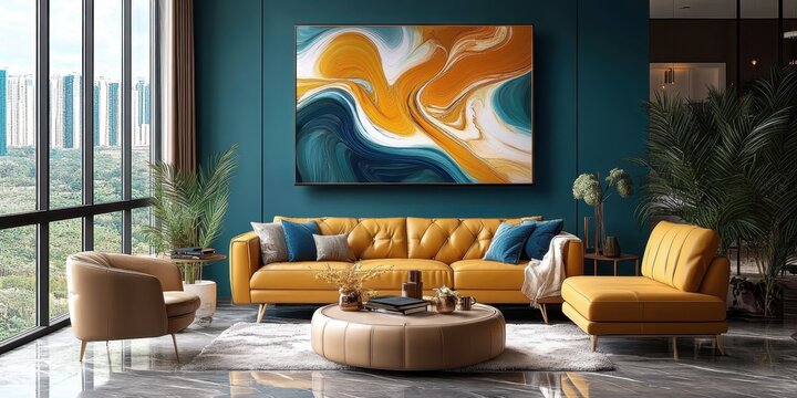 Modern luxurious living room, teal accent wall, abstract orange and teal artwork, mustard yellow leather sofa, round coffee table, large windows, city view, potted plant, circular ottoman, sleek inter