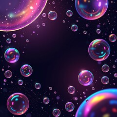 Rainbow soap bubbles of different sizes on a dark purple background. With space for text.