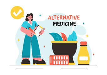 Vector Illustration of Alternative Medicine or Herbal Healing with Energy Therapies, Featuring Ginseng Root, Essential Oils, and Seeds in a Background