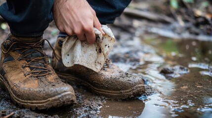 A person cleaning dirt off their shoes after a hike, showcasing outdoor adventures and cleanliness