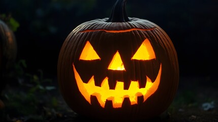 Obraz premium Spooky jack-o'-lantern with an exaggerated grin, glowing softly in the dark night.
