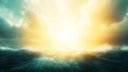 Fototapeta premium breathtaking view of ocean at sunrise, with vibrant colors illuminating sky and reflecting on waves. scene evokes sense of tranquility and awe