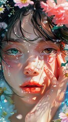 Anime Girl Portrait with Flowers and Water