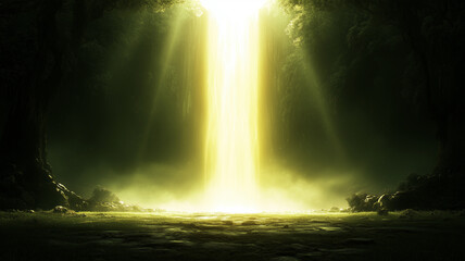 stunning waterfall cascades down in mystical forest, illuminated by golden light. serene atmosphere evokes sense of wonder and tranquility, surrounded by lush greenery and soft mist